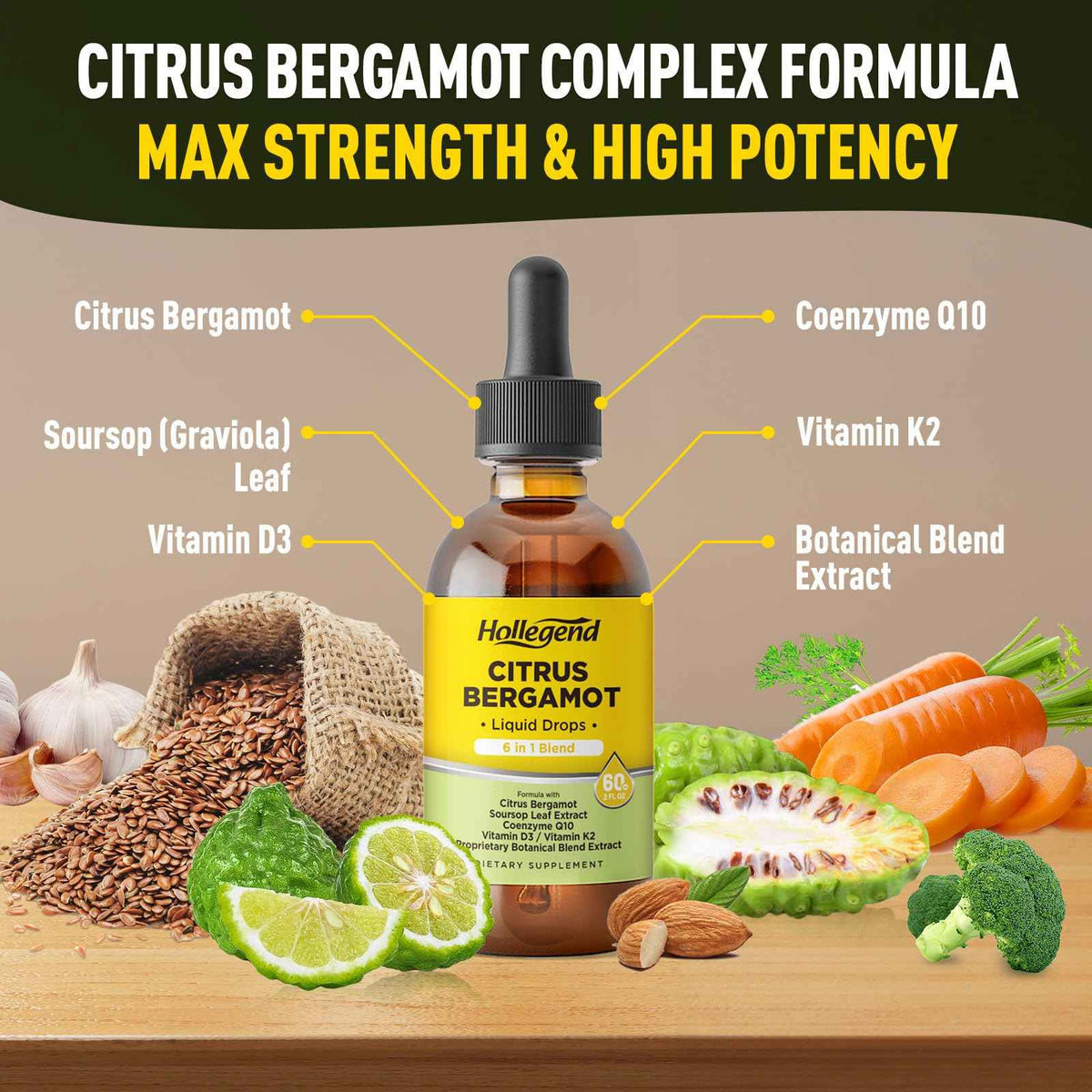 HOLLEGEND Citrus Bergamot Liquid Drops, Organic Citrus Bergamot 1000mg Supplement, Plus Soursop, CoQ10, Vitamin D3, K2