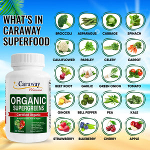 Organic Superfoods Vitamins Super Greens Complex by Caraway Vitamins 1,350 mg per Serving 28 Fruits Vegetables Greens 60 Count Tablets Non-GMO Natural for Men & Women Caraway VitaminsBuy Supplements Australia