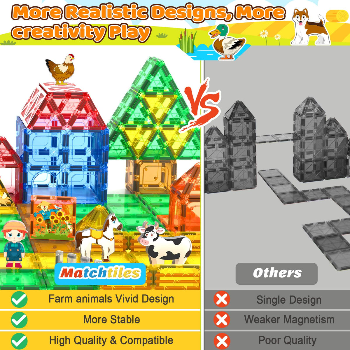 Magnetic Tiles Farm Animals Set, Immersive Storytelling Building Blocks for Toddlers 3-5, 3D Farm House STEM Toys with UV-Printed Realistic Animals, Compatible with All Major Brands