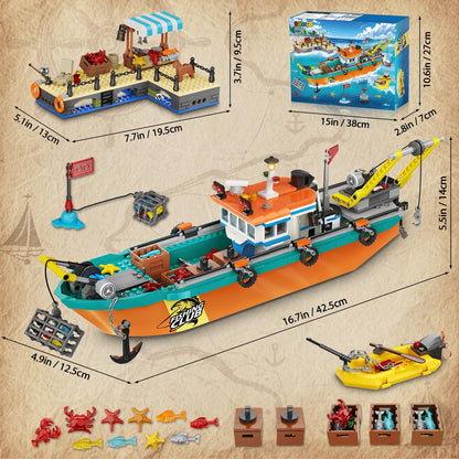 City Fishing Boat Wharf Building Set - Floatable Sea Fishing Ship Building Block Kit with Speedboat Crane Containers Exploration Boats Toy Birthday Gift for Kids Boys Girls 6 7 8 9 10+, 762PCS