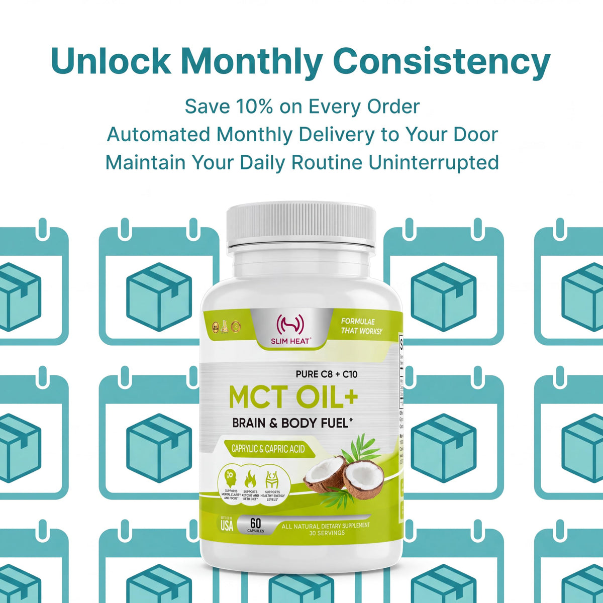 Slim Heat MCT Oil Capsules 2000mg - Pure C8 C10 Caprylic & Capric Acid Softgels, No Lauric Acid, Keto Coconut Fats Supplement for Energy Support, 60 Count (30-Day Supply)