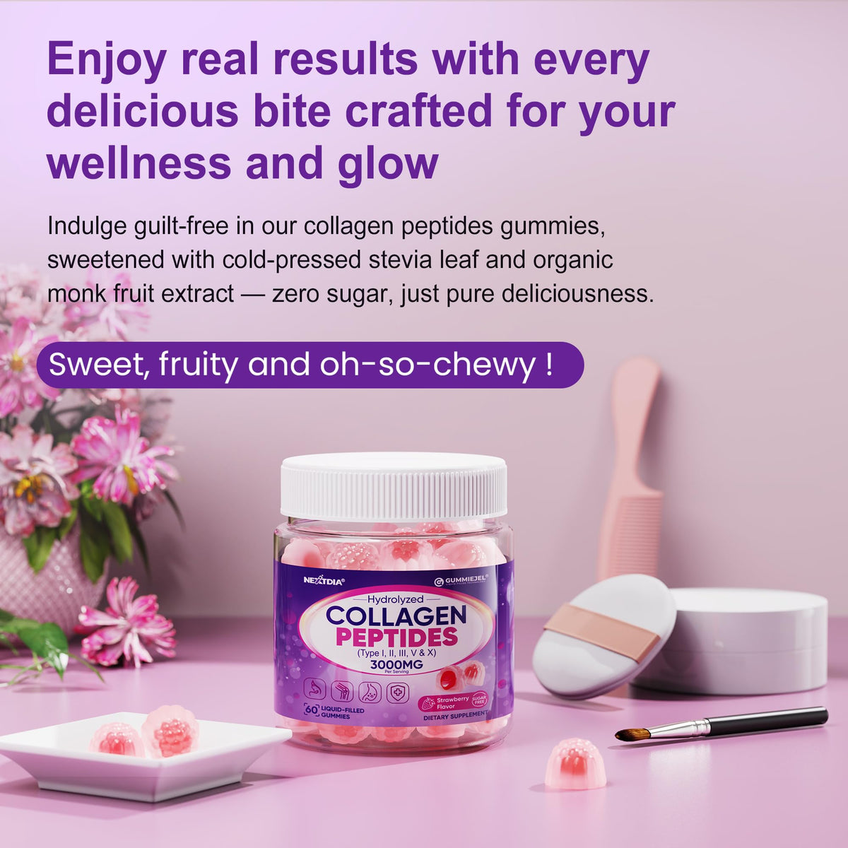 Collagen Gummies for Women & Men 3000mg, Hydrolyzed Collagen Peptides with Antioxidant Blend & Digestive Enzymes, Multi Collagen (Type I,II,III,V,X) for Anti-Aging, Hair, Skin, Nails, Sugar Free,60Cts