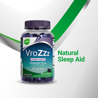 AXIV VroZzz Melatonin Sleep Aid Gummies, 10 mg Melatonin, with Chamomile, Lavender & Valerian Root, Supports Occasional Sleep, 60 Gummies