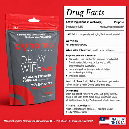 Dynamo Delay Wipes for Men, Benzocaine 7.5% Maximum Strength, 6ct