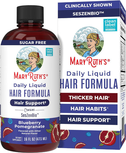 MARYRUTH'S Daily Liquid Hair Formula - With 500 mg SesZenBio + 2,500 mcg Biotin - Vitamin C - Thicker, Stronger Hair for Women - Hair, Skin, & Nail Health - Collagen Production - 16 Fl Oz