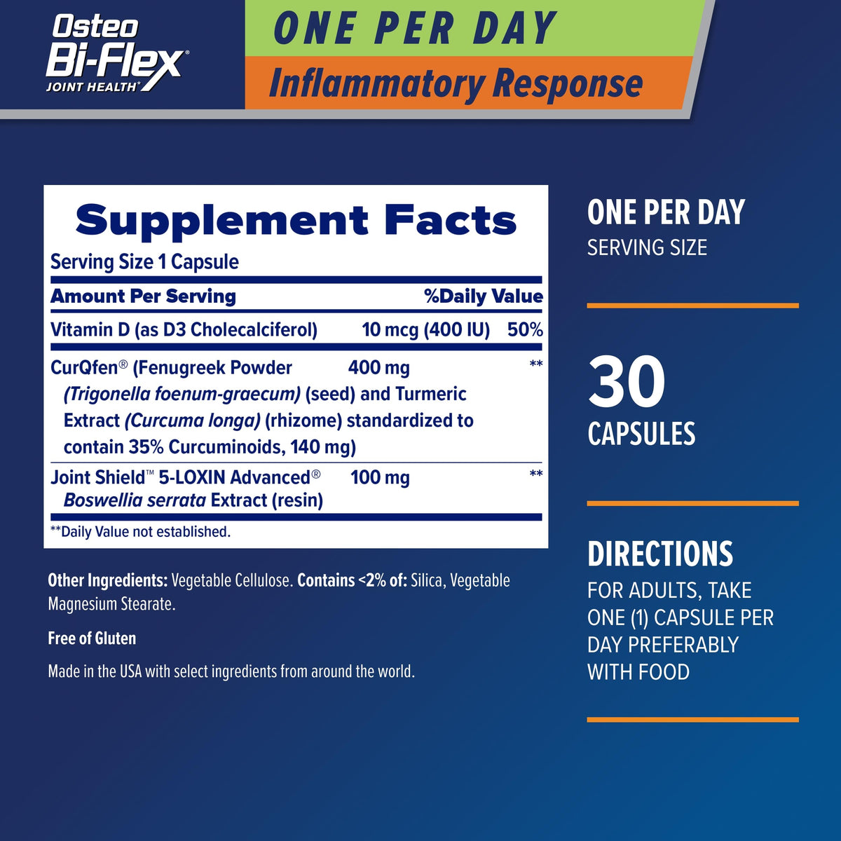Osteo Bi-Flex One Per Day Inflammatory Response CurQfen Plant-Based Supplement, Improve Joint Function, Strength, Flexibility, Mobility 30 Capsules
