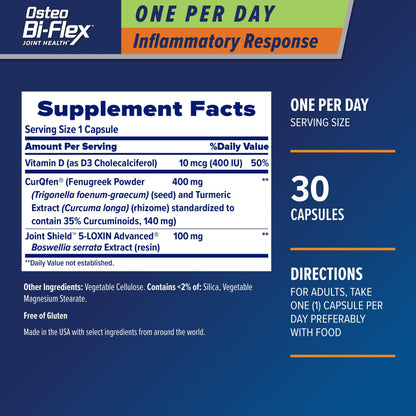 Osteo Bi-Flex One Per Day Inflammatory Response CurQfen Plant-Based Supplement, Improve Joint Function, Strength, Flexibility, Mobility 30 Capsules