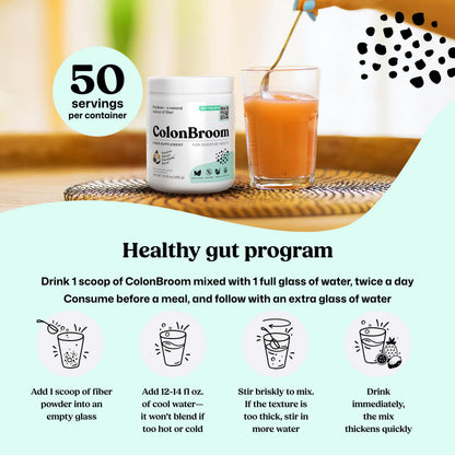 ColonBroom Psyllium Husk Powder with Stevia (Tropical Fruits, 50 Servings) - Colon Cleanse for Bloating Relief & Gut Health - Fiber Powder Drink - Vegan Supplement