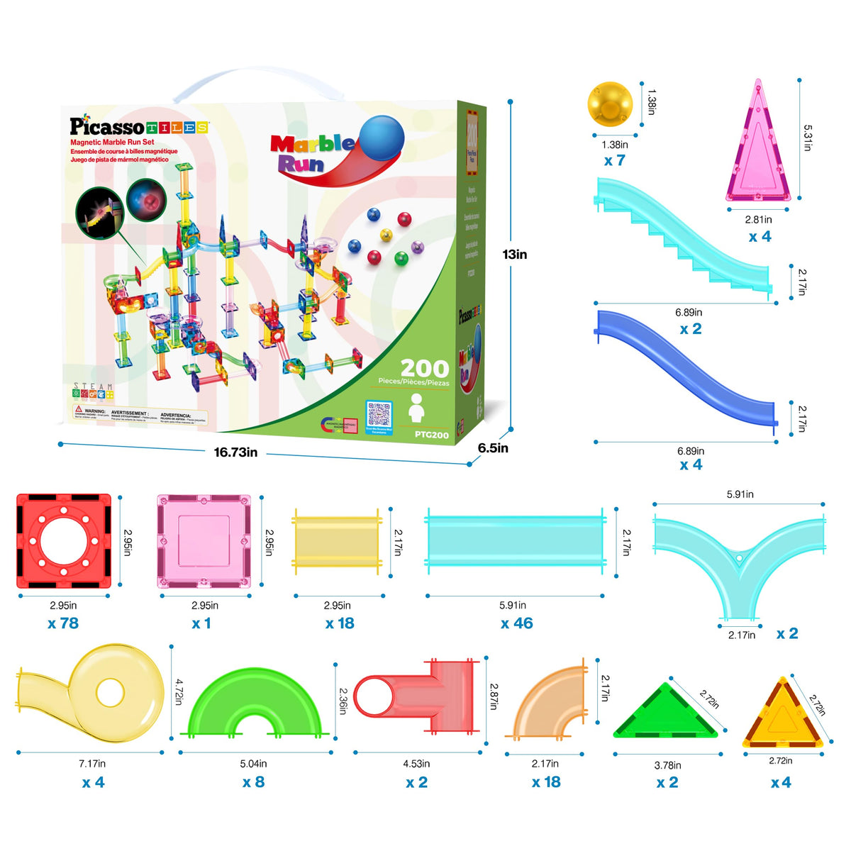 PicassoTiles 200 PCS Picasso Tiles Marble Run LED Race Track Set Ages 3+
