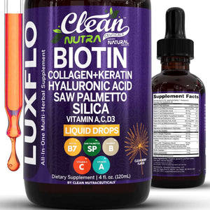 Liquid Biotin & Collagen Keratin Hyaluronic Acid Saw Palmetto Drops Vitamins for Hair Growth Support Silica Vitamin A C D Bamboo Turmeric Zinc Folate Magnesium Horsetail LuxFlo By Clean Nutra