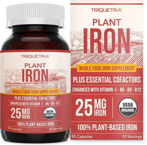 Organic Iron Supplement - Whole Food Mineral & Cofactors, 25 mg Elemental - Enhanced Absorption Plus Blood Health Vitamins - Gentle Form - Supports Healthy Levels & Blood Health - 90 Capsules