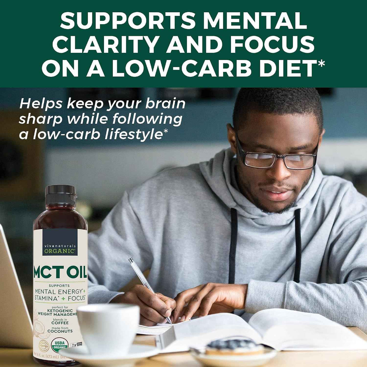 Viva Naturals Organic MCT Oil, 16 fl oz - MCT Oil for Coffee, USDA Organic, Non-GMO, Paleo Certified & Keto Friendly, Supports Energy & Mental Clarity