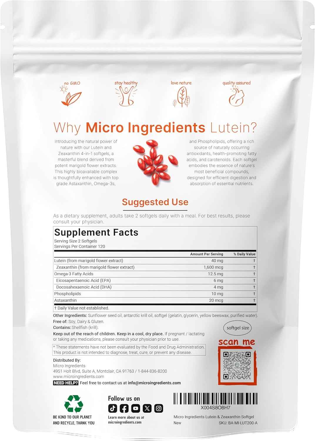 Micro Ingredients Lutein & Zeaxanthin 40mg Softgels, 240 Count, with Astaxanthin, Omega-3s, & Phospholipids - Eye + Vision Health Vitamins - Third Party Tested, Non-GMO, Gluten Free