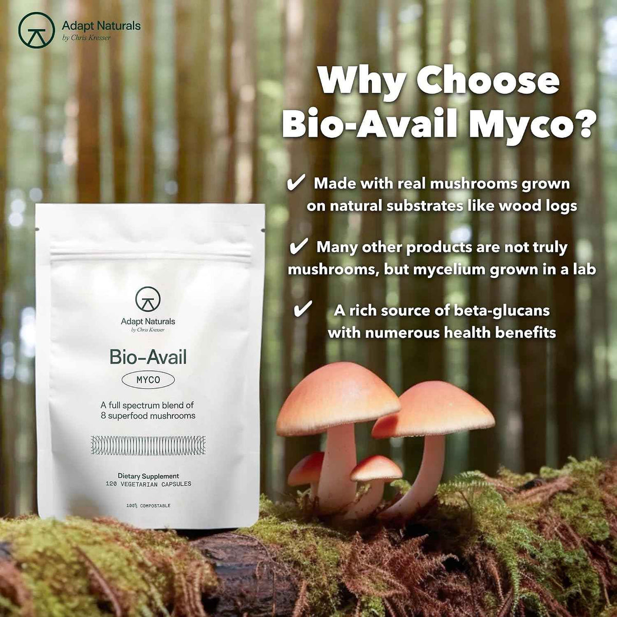 Adapt Naturals Bio-Avail Myco, 8-in-1 Superfood Mushroom Supplement Complex - Lions Mane, Chaga, Cordyceps, Reishi, Shiitake, Tremella, Turkey Tail, Maitake - Immune & Cognitive Function - 30 Day Supply