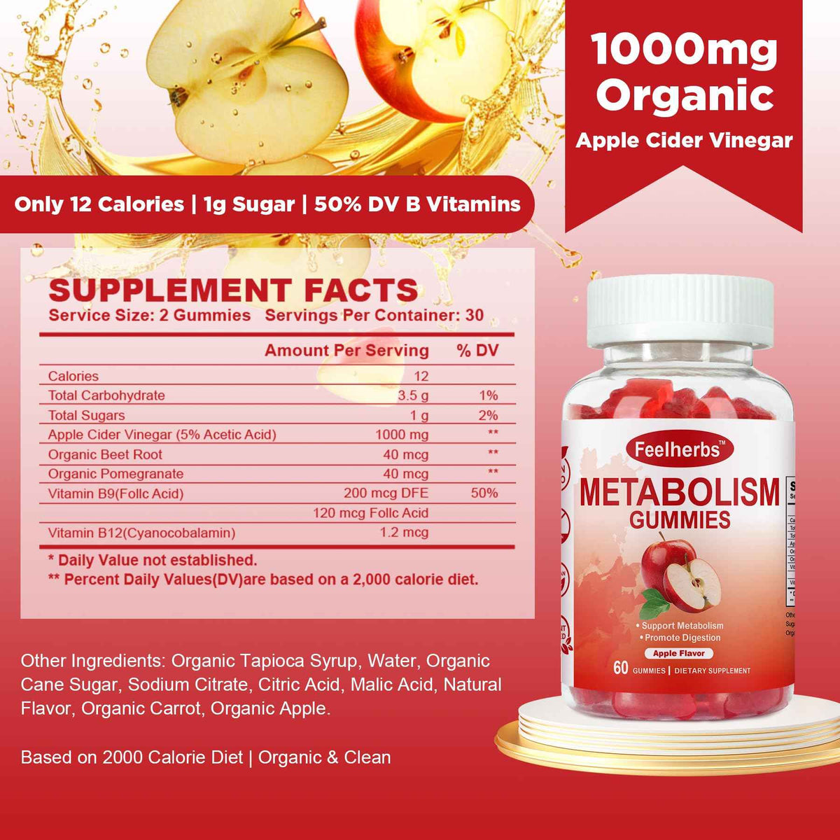 Feelherbs Metabolism Gummies for Women and Men Digestion & Energy, 60 Count Apple Cider Vinegar Gummies with Vitamin B12 & Beet Root, Chewable Keto ACV Vitamin for Metabolism & Detox Cleanse