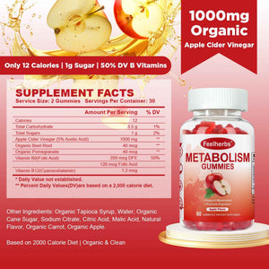 Feelherbs Metabolism Gummies for Women and Men Digestion & Energy, 60 Count Apple Cider Vinegar Gummies with Vitamin B12 & Beet Root, Chewable Keto ACV Vitamin for Metabolism & Detox Cleanse
