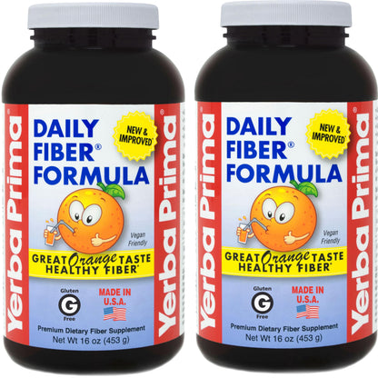 Yerba Prima Daily Fiber Formula 16 oz (Pack of 2) - Premium Dietary Fiber Supplement, Non-GMO, Gluten Free, Made in The USA, Orange Flavor