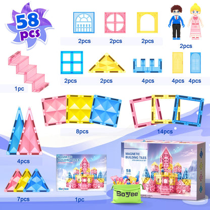 Soyee Diamond Magnetic Tiles Magnet Building Blocks - Princess Castle Toys for Girls & Boys Age 3-8 Birthday Present 5 6 7 8 9 10 Year Old Gifts for Kids Classroom