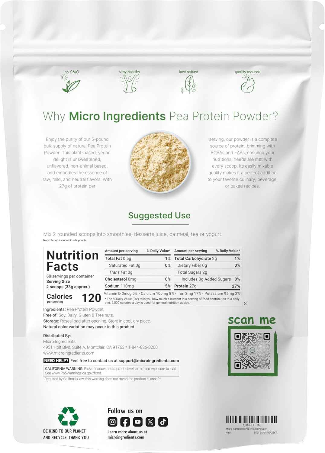 Micro Ingredients North American Grown, Pea Protein Powder, 5 Pounds - Plant Based, Unflavored - Complete Vegan Protein Source with BCAAs & EAAs - 27g Serving - Non-GMO, Keto Friendly