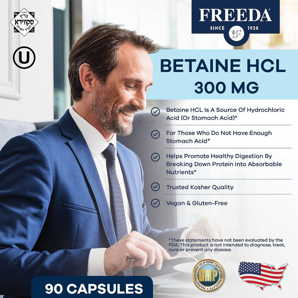 Freeda Betaine HCl Vegan Digestive Supplement - 90 Capsules - Vegan Betaine HCl Supplement - Supports Healthy Digestion - Free Of Pepsin - For Daily Digestive Wellness