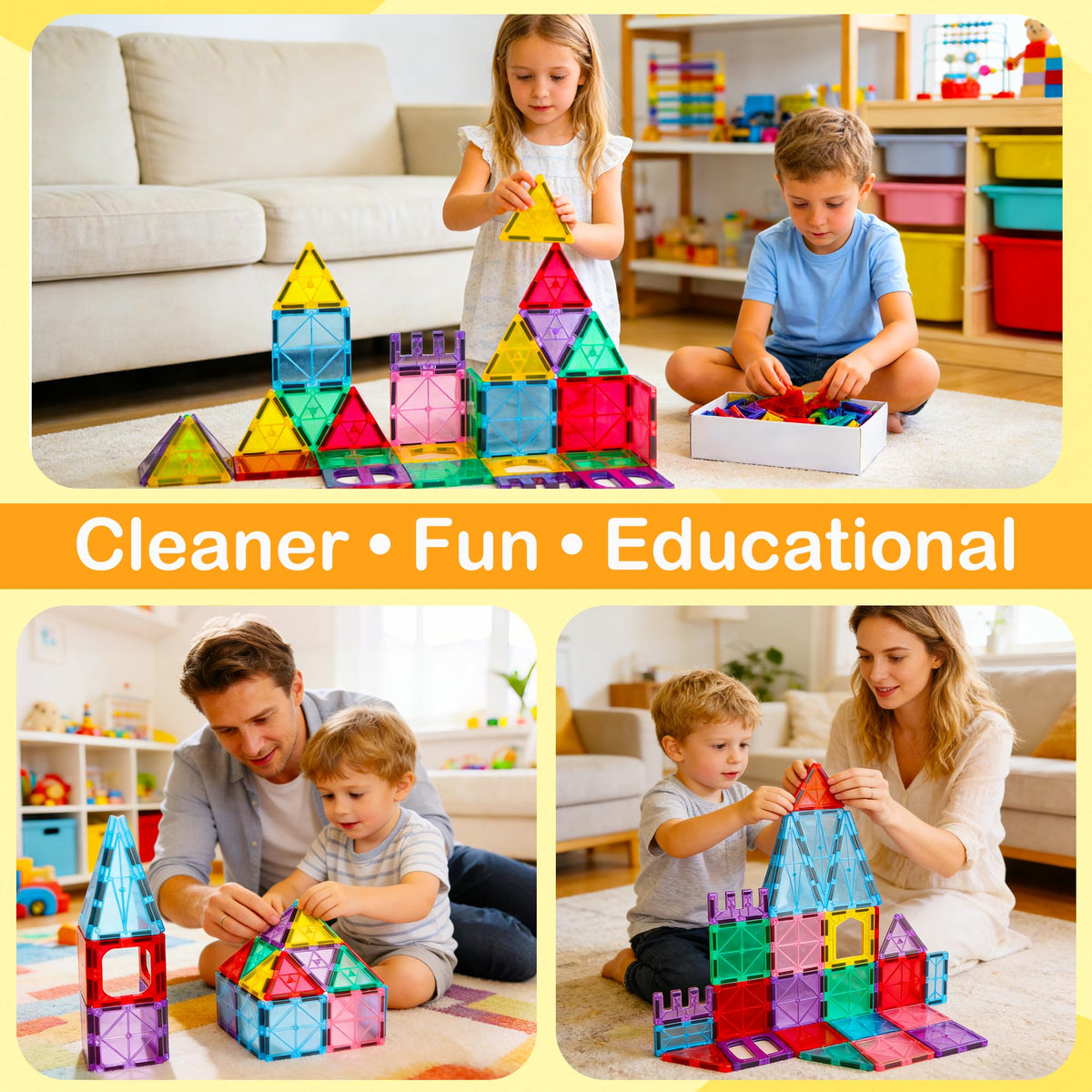 HAPPYMATY Next-Gen Antibacterial Magnetic Tiles, Safe & Clean Play for Kids
