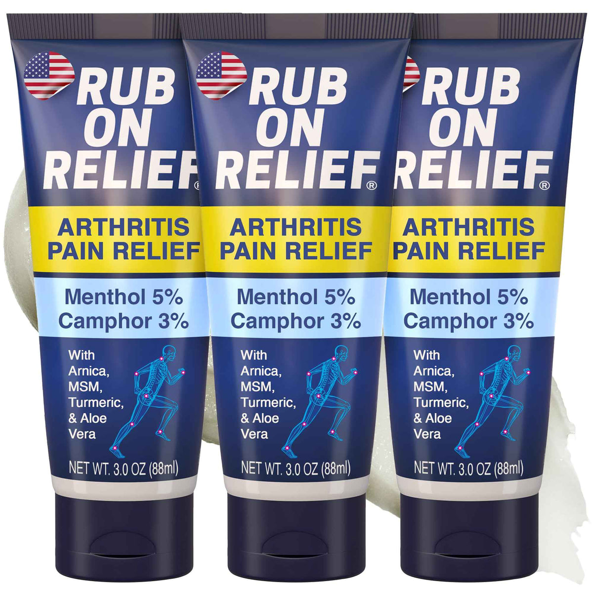 RUB ON RELIEF Arthritis Pain Relief Cream - 10-in-1 Non-Greasy Joints Pain Cream for Knees, Back, Neck, Hands, & Muscle Aches with Menthol, Camphor, Arnica, MSM & Turmeric Up to 8 Hours, 3oz (3 Pack)