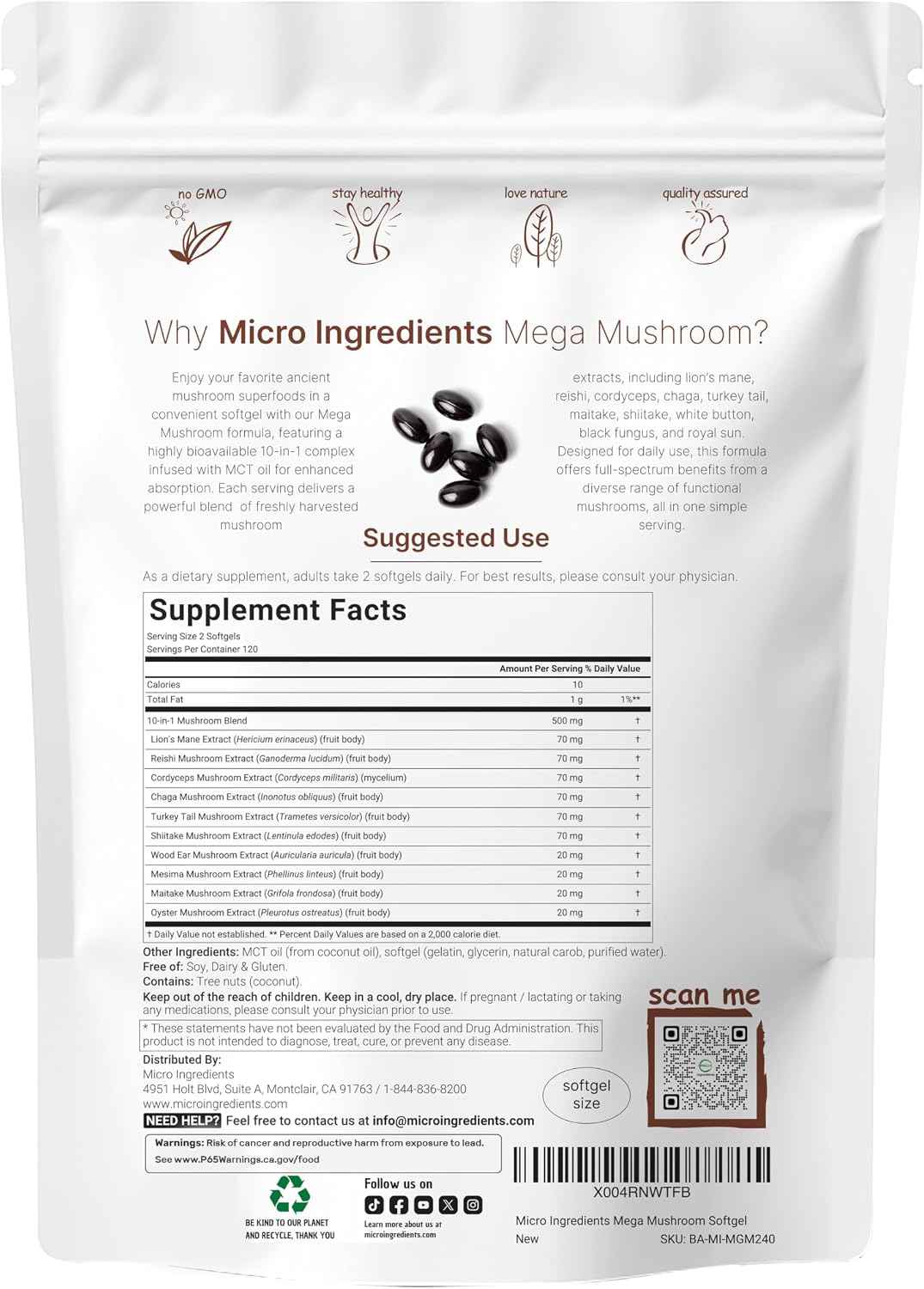 Micro Ingredients 10‑in‑1 Mega Mushroom Complex Supplement - Lions Mane, Cordyceps, Reishi, Chaga & More - 240 Softgels with MCT Oil - 4 Month Supply - Adaptogenic Functional Mushroom Blend