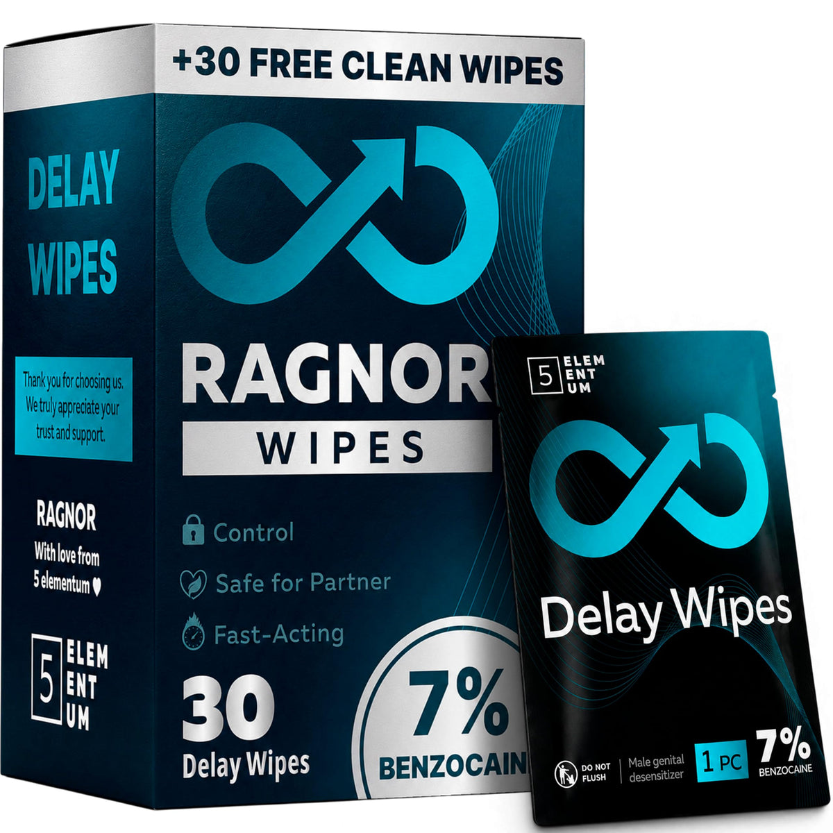 7% Benzocaine Delay Wipes for Long Last for Men - Fast-Acting Formula, 30 Individually Wrapped Wipes for Him with Vitamin E, Chamomile & Aloe Vera