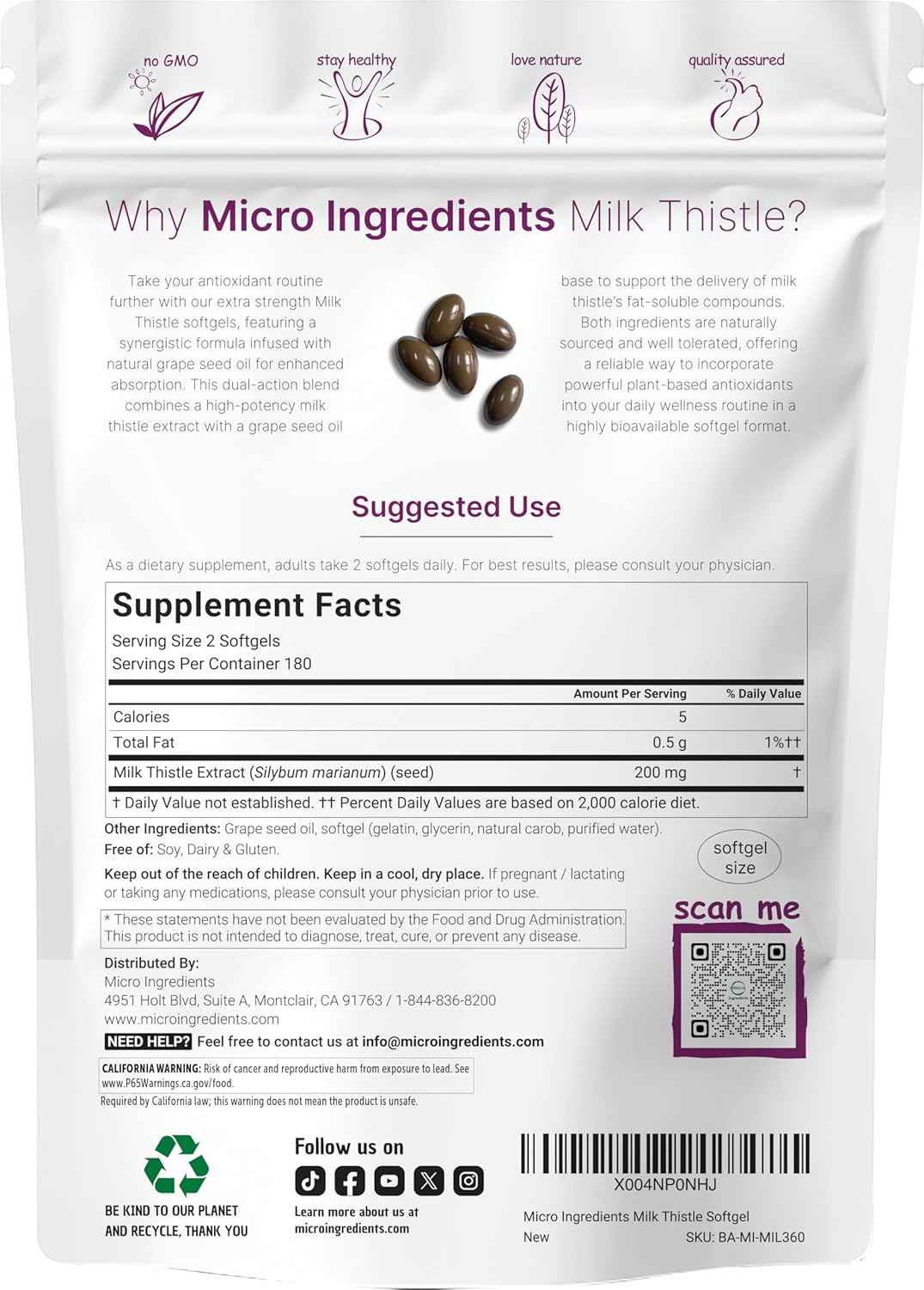 Micro Ingredients Milk Thistle Supplement - 360 Softgels with Grape Seed Oil - Highly Bioavailable Extract - Contains Active Silymarin + Antioxidants