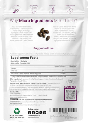 Micro Ingredients Milk Thistle Supplement - 360 Softgels with Grape Seed Oil - Highly Bioavailable Extract - Contains Active Silymarin + Antioxidants