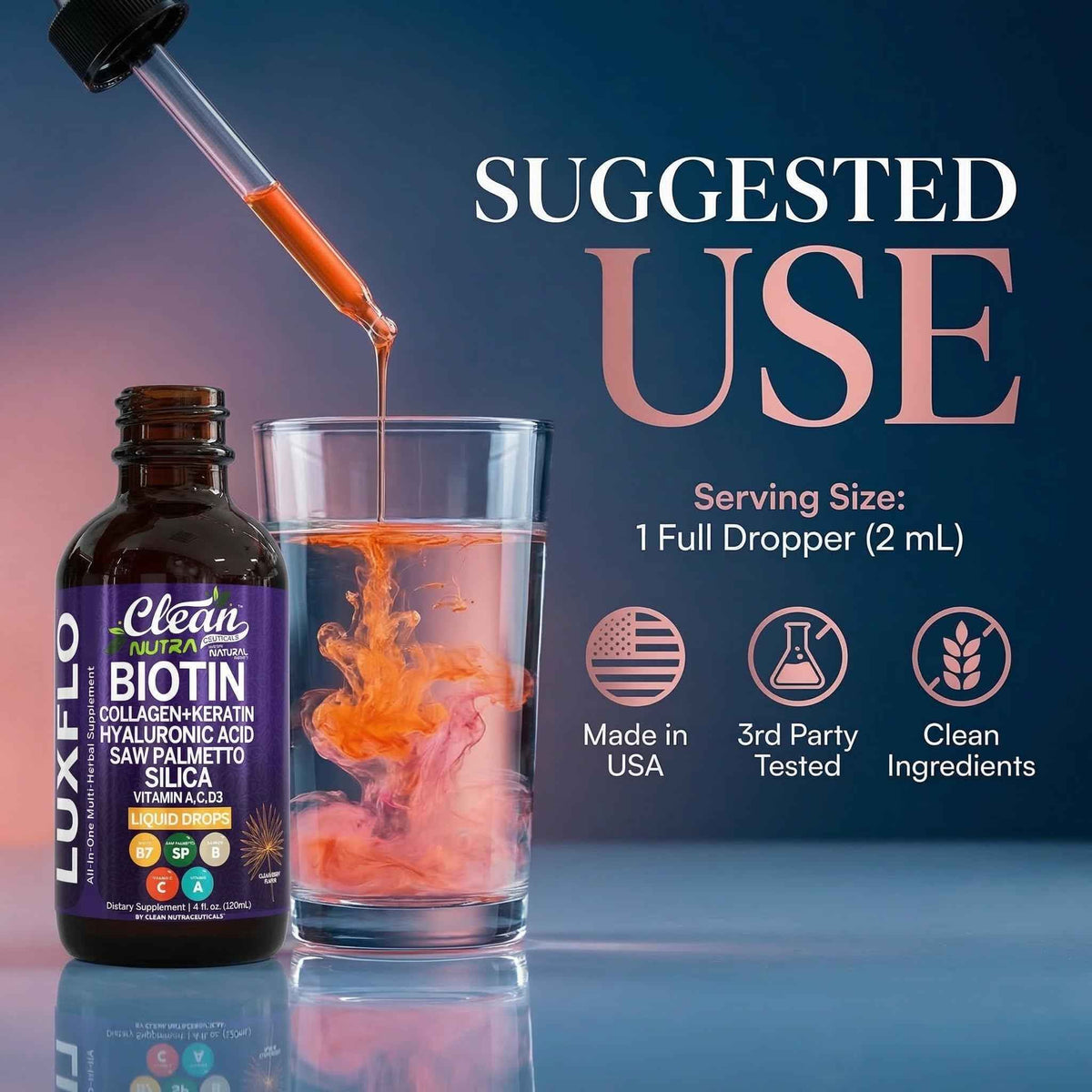 Liquid Biotin & Collagen Keratin Hyaluronic Acid Saw Palmetto Drops Vitamins for Hair Growth Support Silica Vitamin A C D Bamboo Turmeric Zinc Folate Magnesium Horsetail LuxFlo By Clean Nutra