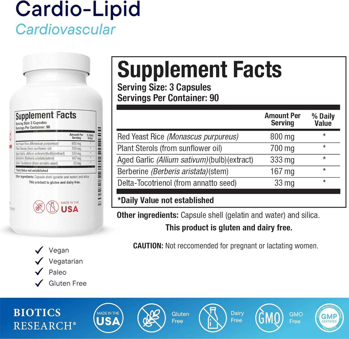BIOTICS RESEARCH Cardio-Lipid - Professional-Grade Cardiovascular Support Formula - Featuring Red Yeast Rice, Phytosterols, Berberine, Garlic & Delta-Tocopherol - Formulated with Mark Houston, MD