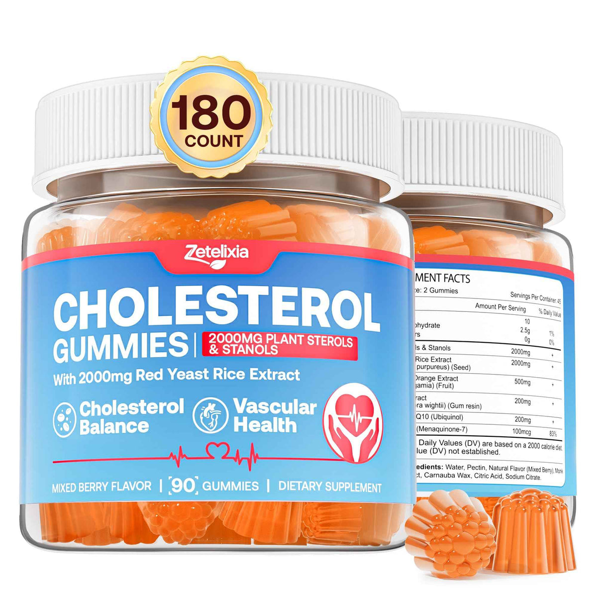 Cholesterol Lowering Supplements Gummies, Cholesterol Gummies with Plant Sterols & Stanols, Red Yeast Rice, Lower Cholesterol Naturally - Vegan, Non-GMO, Mixed Berry Flavor, 90Ct