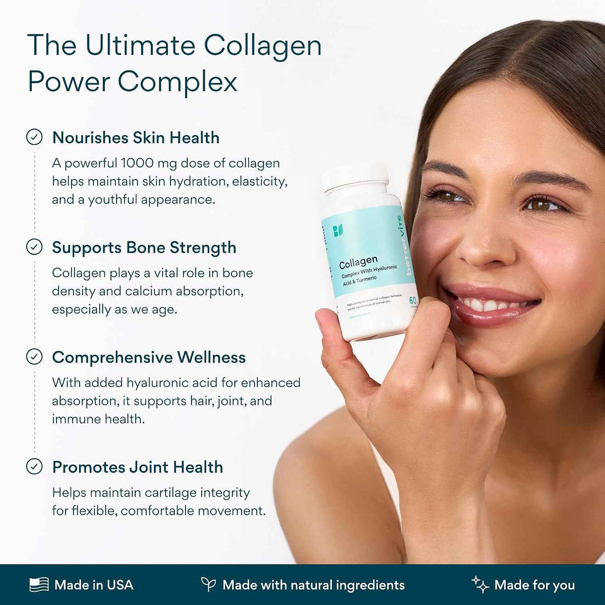 Bettervits Collagen Peptides Complex with Hyaluronic Acid & Turmeric - Hydrolyzed Marine Collagen Supplements for Women & Men - Collagen with Vitamin C for Skin, Hair, Nails & Joints - 60 Capsules