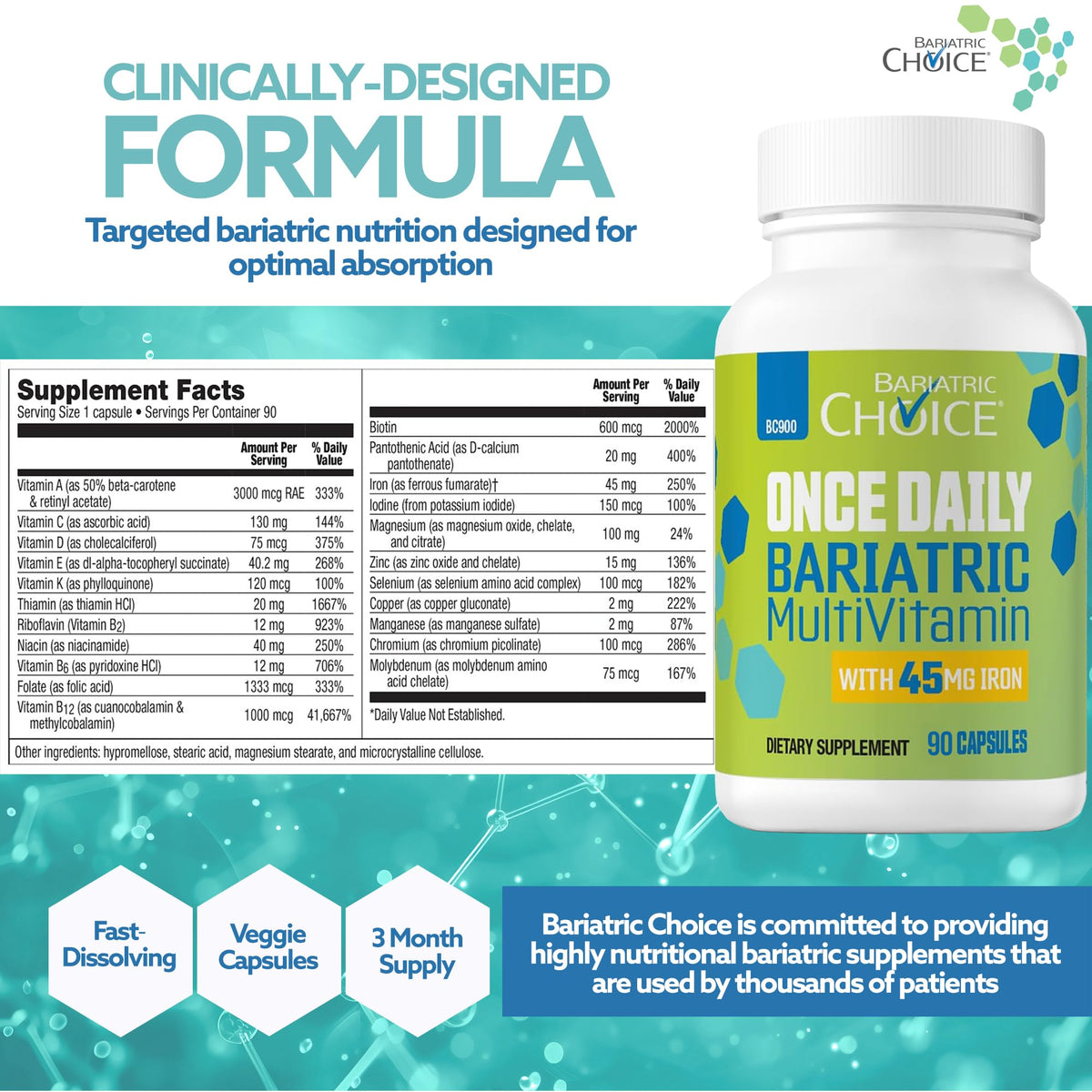 Bariatric Choice Once-Daily Bariatric Multivitamin with 45 mg of Iron - Easy to Swallow Capsule - Vitamin for Bariatric Surgery Patients