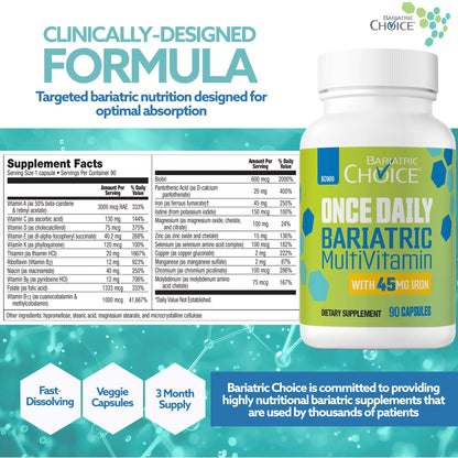 Bariatric Choice Once-Daily Bariatric Multivitamin with 45 mg of Iron - Easy to Swallow Capsule - Vitamin for Bariatric Surgery Patients