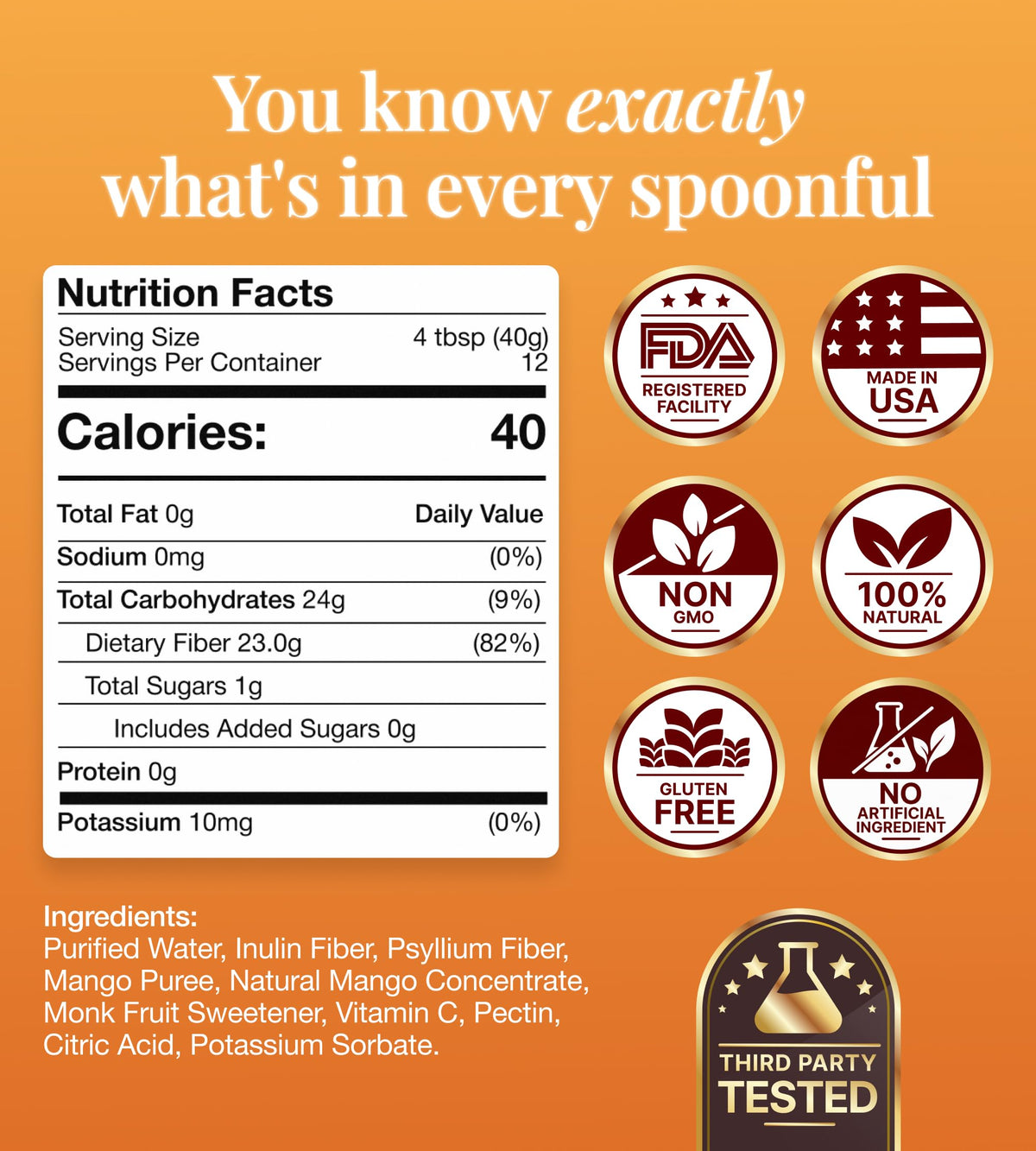The Fiber Gel High Dietary Fiber Prebiotic Gel Formula — 100% Natural & Clean Label — Plant-Based Psyllium Husk & Inulin Complex — Keto Friendly, Vegan, No Added Sugar — Mango, 16 oz