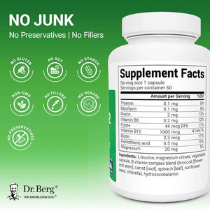 Dr. Berg Natural Vitamin B12 1000 mcg (Hydroxocobalamin) 60 Capsules - Energy, Brain & Nervous System Support* - w/B-Complex + Magnesium - 4X Lab Tested, GMO-Free, No Fillers