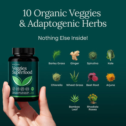 USDA Organic Fruits and Veggies Supplement, 31 Whole Foods, 180 Vegan Ct - Food berry & greens supplements blend for energy, immune & digestive support, vegan, non-GMO, gluten free, third-party tested