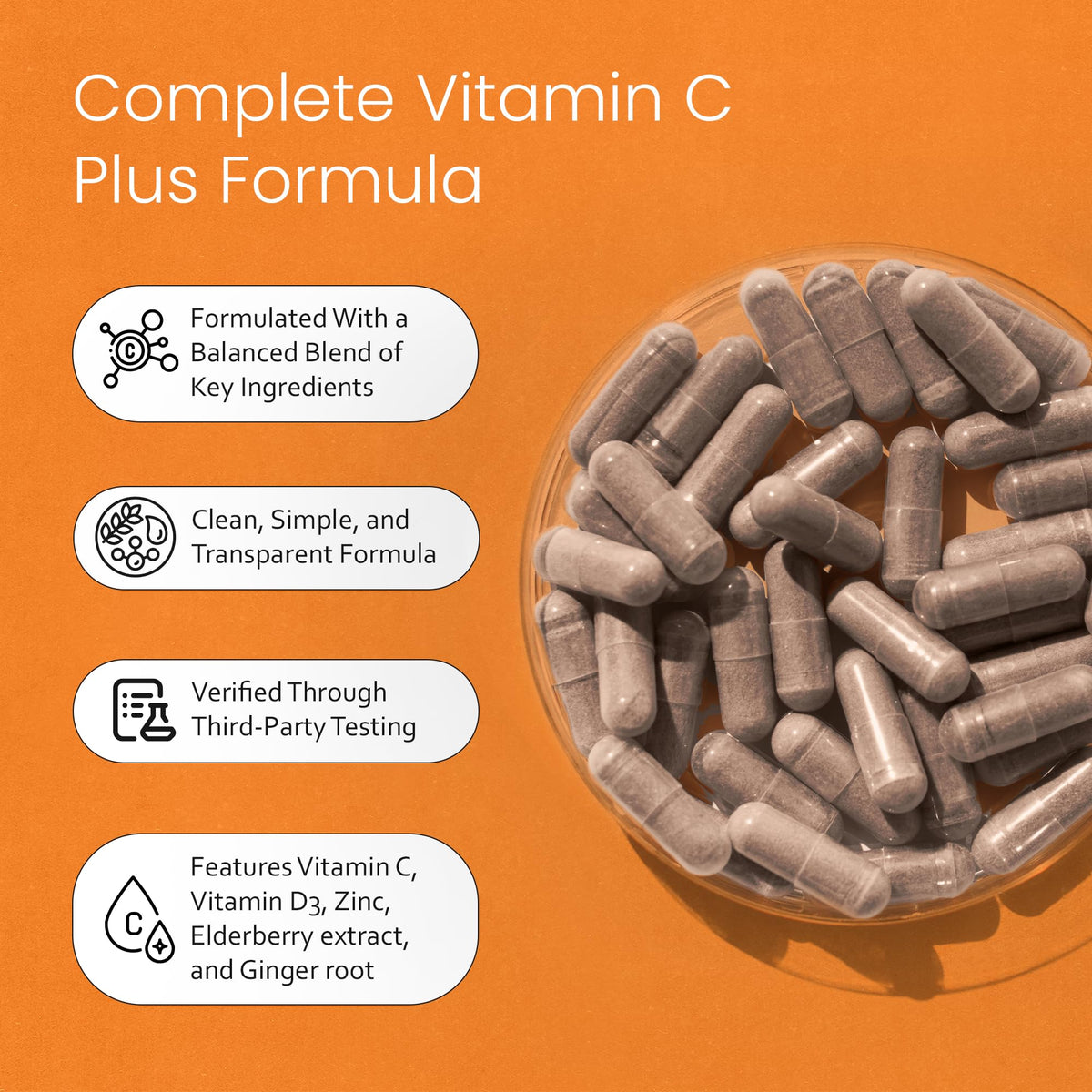 NaturaLife Labs Vitamin C with Vitamin D3, Zinc, Elderberry & Ginger Root - 1,700 mg per Serving - 100 Capsules, Vegan, Non-GMO, Gluten Free