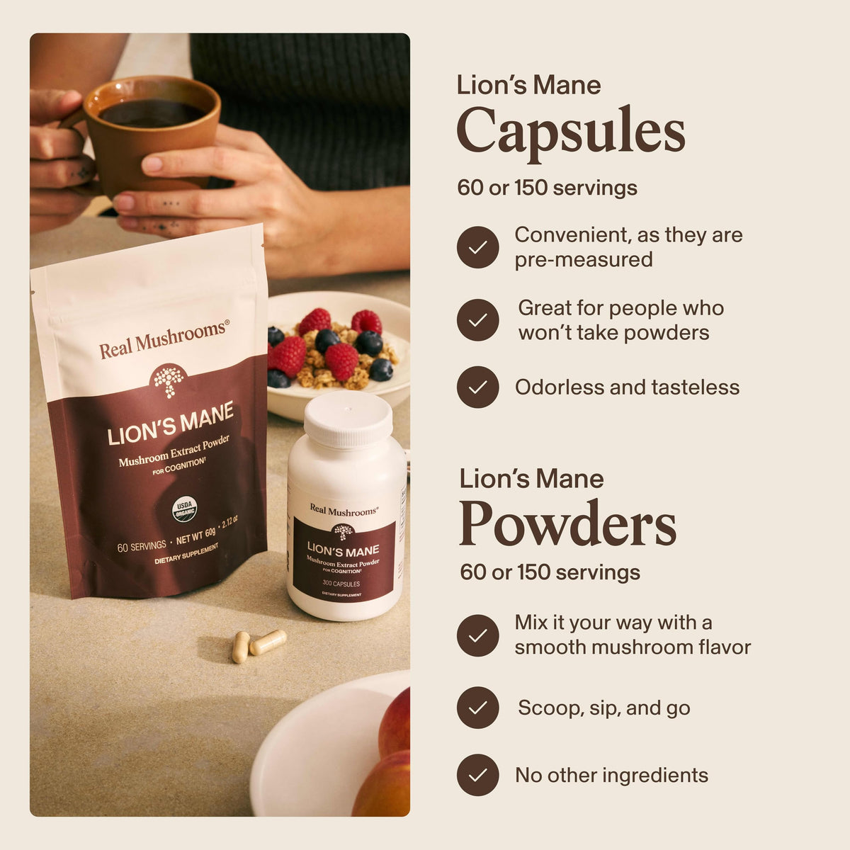 Real Mushrooms Lions Mane Mushroom Cognition (120 Capsules) Lions Mane Mushroom Powder Extract Capsules - Brain Supplement, Brain Vitamins, Focus Supplement