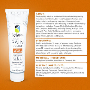 Kalaya Extra Strength Pain Relief Gel with Arnica -Fast Acting, Long Lasting, Vanishing Scent, medically formulated for Arthritis, Joints, Muscle, Back, Neck, Shoulder, Hand and Knee Pain Kalaya NaturalsBuy Supplements Australia