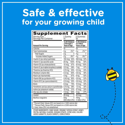 Zarbee's Kid's Complete Multivitamin + Probiotic Gummies with Vitamins A B C D E & zinc for Digestive Health Easy To Chew Kids Daily Multivitamin Gummies Natural Fruit 70 Count