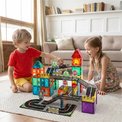 Sylvran Magnetic Tiles Road Set, 89 PCS Magnetic Building Blocks with Roads, Bridges & Ramps, STEM City Building Toys for Kids Ages 3-8, Educational Construction Magnet Toys, Gifts for Boys Girls