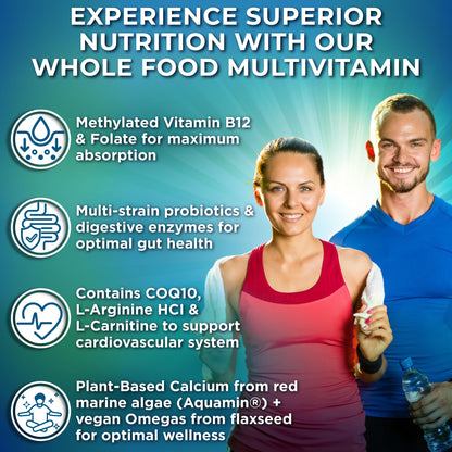 Vegan Whole Food Daily Multivitamin with Iron, Methylated Multivitamin for Women and Men, Made with Fruits & Vegetables, B-Complex, Probiotics, Enzymes, CoQ10, Omegas, Turmeric, Non-GMO, 180 Count