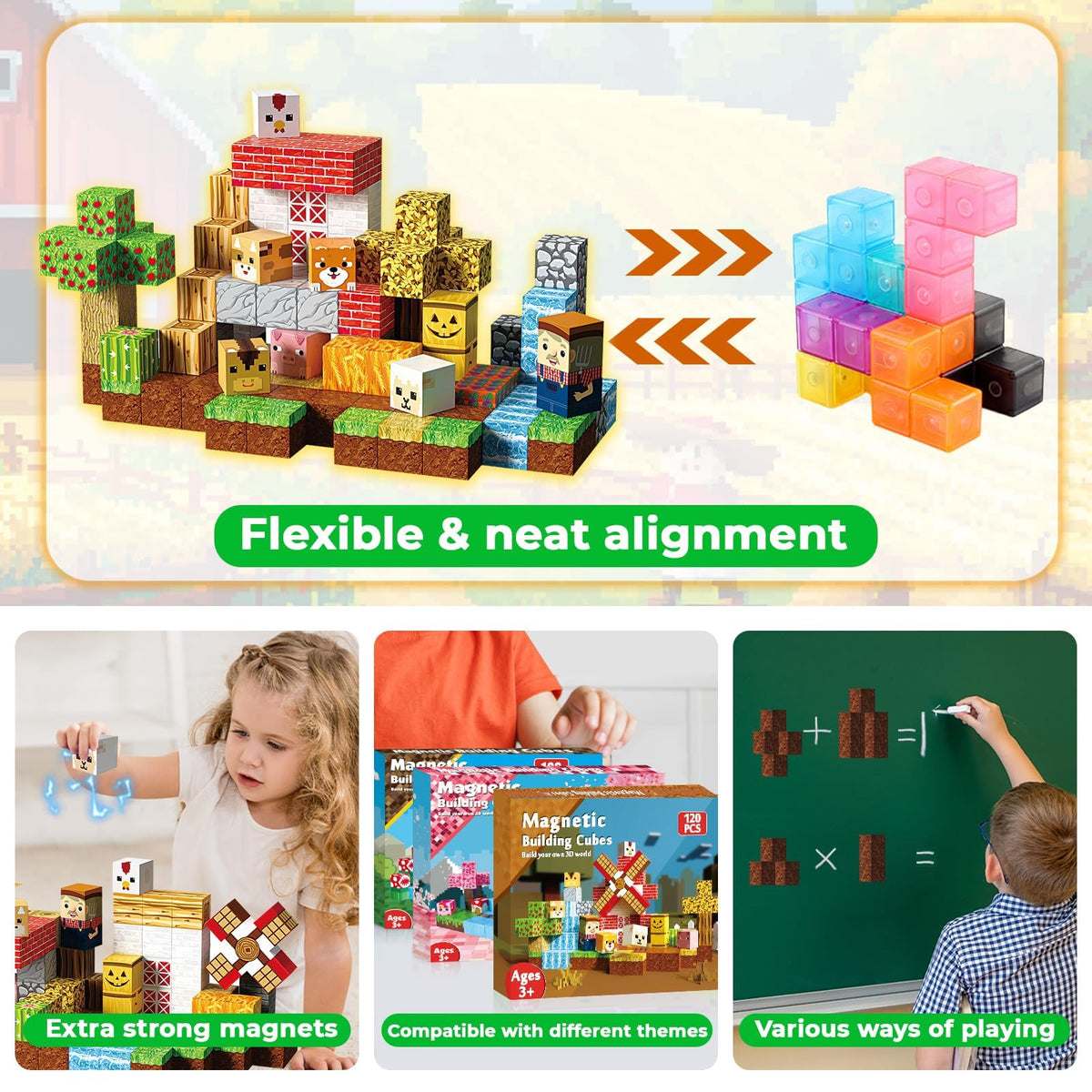 GraceDuck 120 PCS Magnetic Blocks - Magnetic Building Blocks, Magnetic Farm Animal Homes Stacking Magnets for Kids, STEM Montessori Sensory Toys for Kids 3+ Boys and Girls Christmas Birthday Gifts