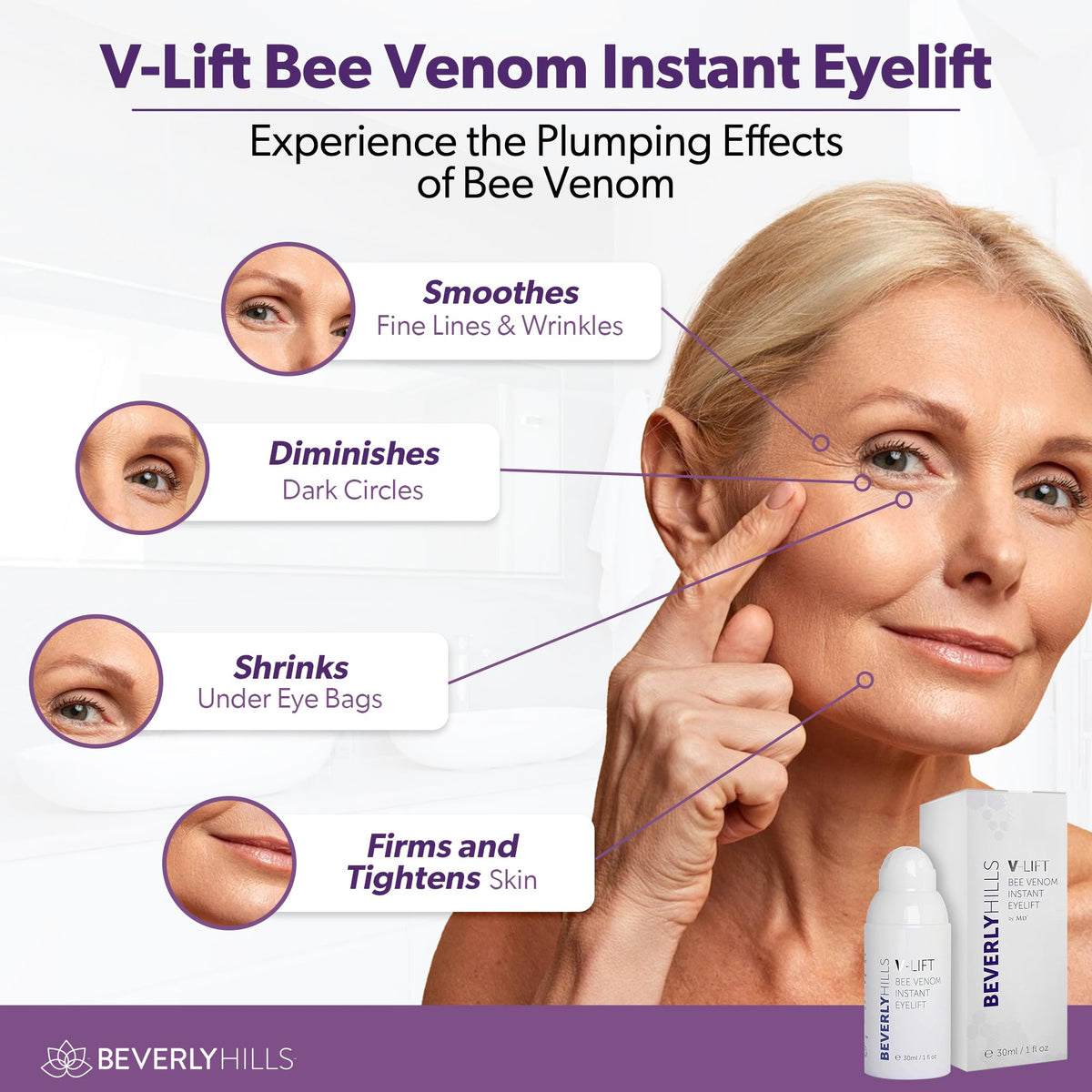 Beverly Hills V-Lift Instant Eye Lift Bee Venom Serum – Firming Eye Treatment for Puffiness, Dark Circles & Wrinkles (30mL)