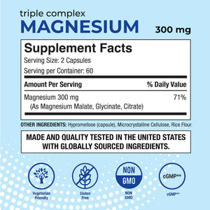Puregen Labs Triple Magnesium Complex 300mg of Magnesium Glycinate, Malate, & Citrate [High Absorption] 120 Veg Capsules - No Harmful Additives - Non-GMO, NO Gluten and Dairy