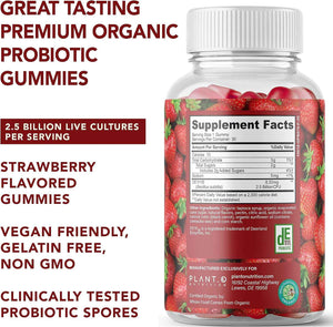 Plant.O Organic Probiotic Gummies for Women, Men & Kids [5 Billion CFUs USDA Certified] Help Support Digestion, Bloating, Constipation & Immune System, Strawberry Flavor, 30 Chewable Probiotics