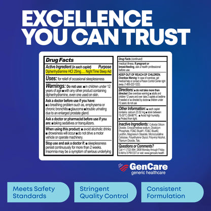 GenCare Sleep Aid Diphenhydramine HCl 25mg Caplets, 100 Count